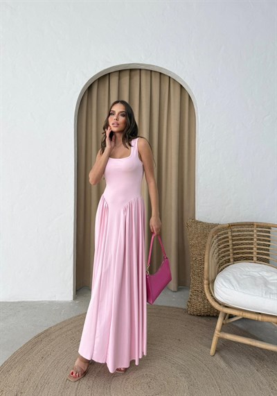 Kare Yaka Uzun Sandy Elbise Pembe 2102