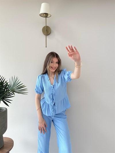 Karpuz Kol Bağlama Detay Yelek ve Pantolonlu Gofre İkili Takım Mavi 2150