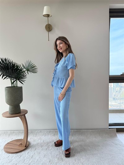 Karpuz Kol Bağlama Detay Yelek ve Pantolonlu Gofre İkili Takım Mavi 2150