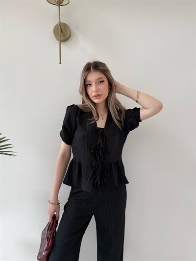Karpuz Kol Bağlama Detay Yelek ve Pantolonlu Gofre İkili Takım Siyah 2150