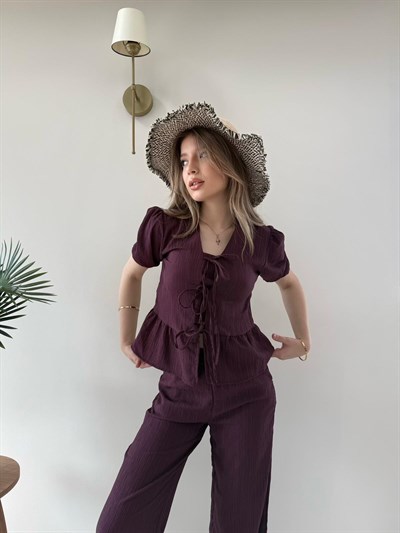 Karpuz Kol Bağlama Detay Yelek ve Pantolonlu Gofre İkili Takım Mürdüm 2150