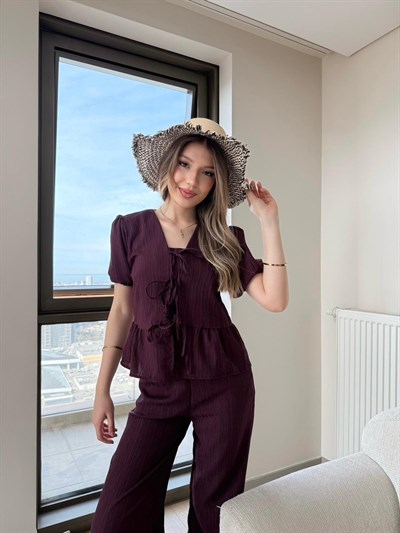 Karpuz Kol Bağlama Detay Yelek ve Pantolonlu Gofre İkili Takım Mürdüm 2150