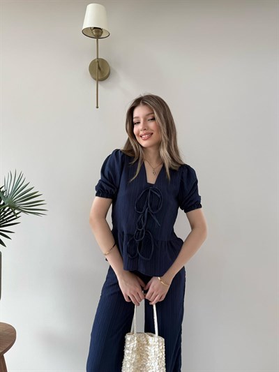 Karpuz Kol Bağlama Detay Yelek ve Pantolonlu Gofre İkili Takım Lacivert 2150