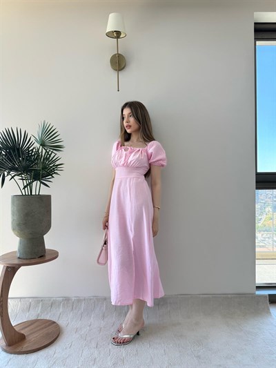 Karpuz Kol Ön Bağlama Detay Yırtmaçlı Tensel Elbise Pembe 2314