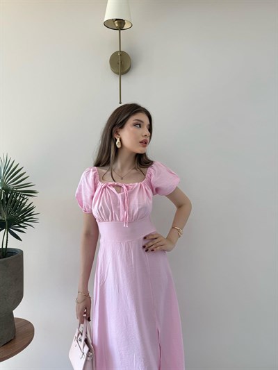 Karpuz Kol Ön Bağlama Detay Yırtmaçlı Tensel Elbise Pembe 2314