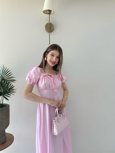 Karpuz Kol Ön Bağlama Detay Yırtmaçlı Tensel Elbise Pembe 2314