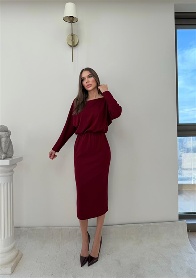 Kayık Yaka Bel Drapeli Modal Uzun Elbise Bordo 2026