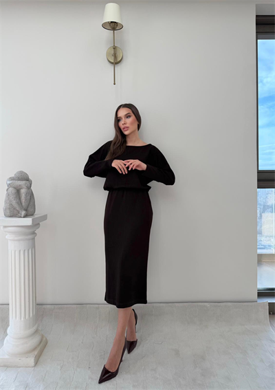 Kayık Yaka Bel Drapeli Modal Uzun Elbise Kahverengi 2026