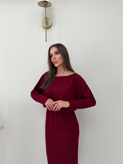 Kayık Yaka Bel Drapeli Modal Uzun Elbise Bordo 2026