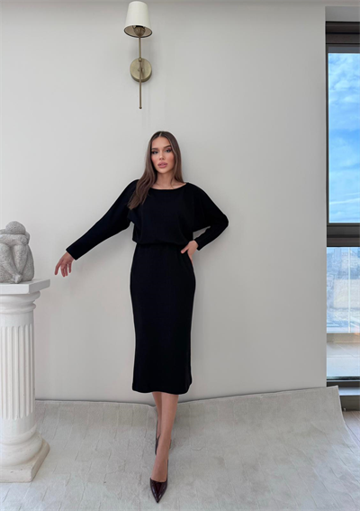 Kayık Yaka Bel Drapeli Modal Uzun Elbise Siyah 2026