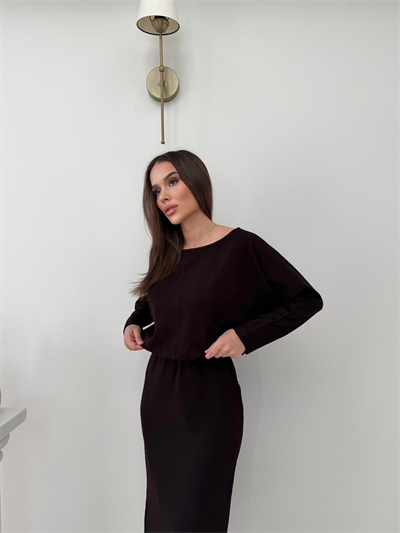 Kayık Yaka Bel Drapeli Modal Uzun Elbise Siyah 2026