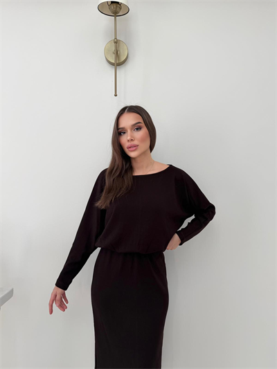 Kayık Yaka Bel Drapeli Modal Uzun Elbise Kahverengi 2026