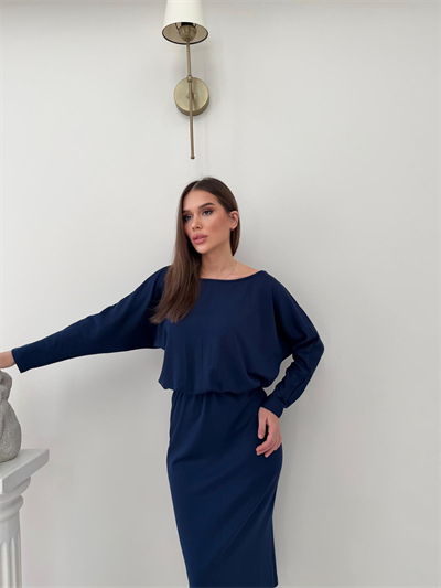 Kayık Yaka Bel Drapeli Modal Uzun Elbise Lacivert 2026