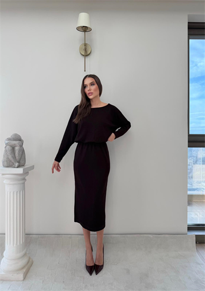 Kayık Yaka Bel Drapeli Modal Uzun Elbise Kahverengi 2026