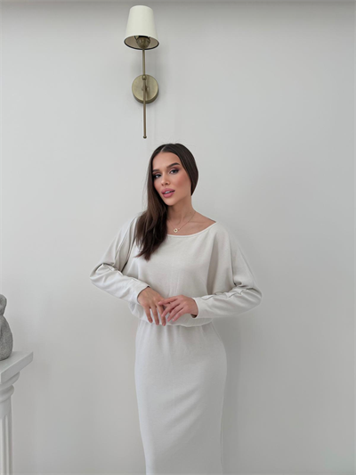 Kayık Yaka Bel Drapeli Modal Uzun Elbise Beyaz 2026