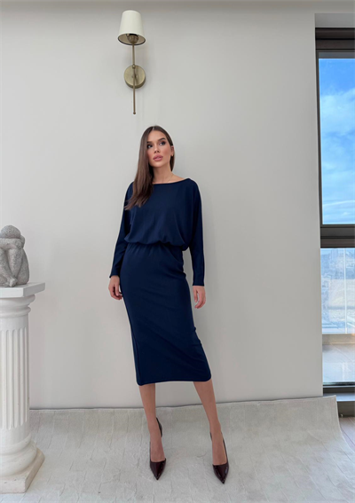 Kayık Yaka Bel Drapeli Modal Uzun Elbise Lacivert 2026