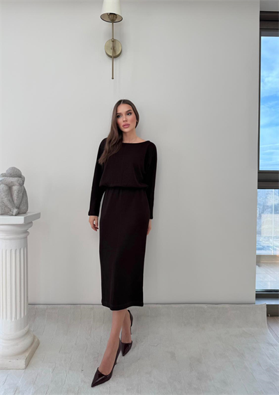 Kayık Yaka Bel Drapeli Modal Uzun Elbise Kahverengi 2026