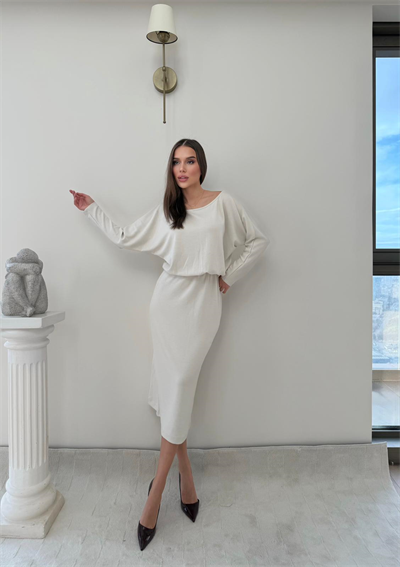 Kayık Yaka Bel Drapeli Modal Uzun Elbise Beyaz 2026