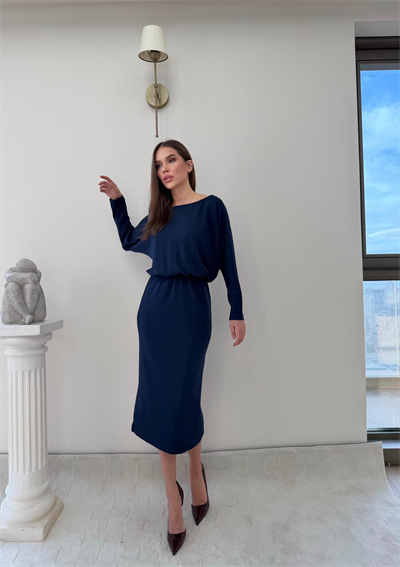 Kayık Yaka Bel Drapeli Modal Uzun Elbise Lacivert 2026