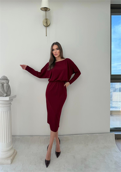 Kayık Yaka Bel Drapeli Modal Uzun Elbise Bordo 2026