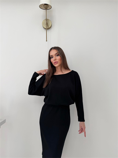 Kayık Yaka Bel Drapeli Modal Uzun Elbise Siyah 2026