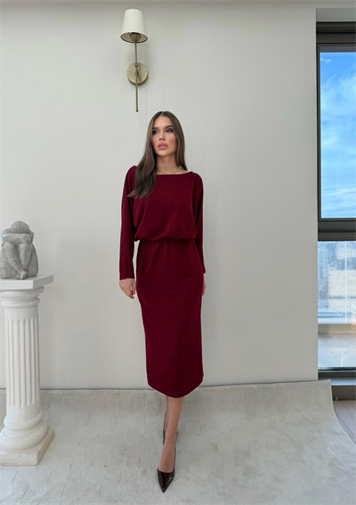 Kayık Yaka Bel Drapeli Modal Uzun Elbise Bordo 2026