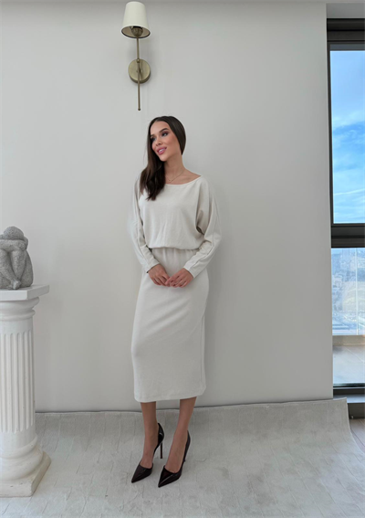 Kayık Yaka Bel Drapeli Modal Uzun Elbise Beyaz 2026