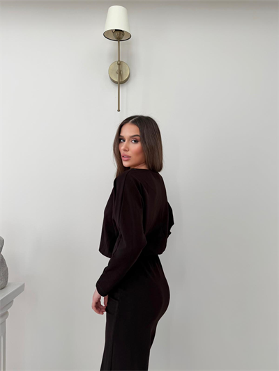 Kayık Yaka Bel Drapeli Modal Uzun Elbise Kahverengi 2026