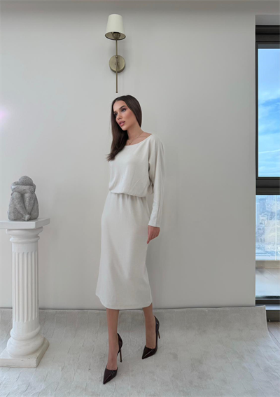 Kayık Yaka Bel Drapeli Modal Uzun Elbise Beyaz 2026