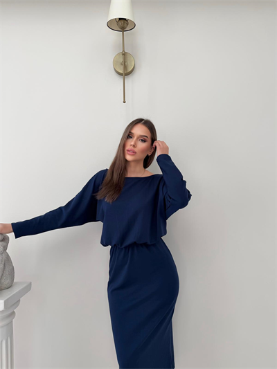 Kayık Yaka Bel Drapeli Modal Uzun Elbise Lacivert 2026