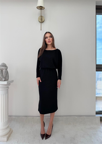 Kayık Yaka Bel Drapeli Modal Uzun Elbise Siyah 2026