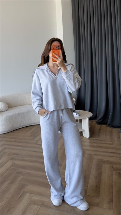 Kayık Yaka Detay Fermuarlı Sweat ve Pantolonlu Selanik Kumaş İkili Takım Gri 2424