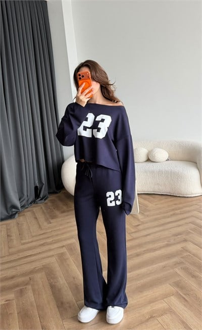 Kayık Yaka Detay Sweat ve Pantolonlu İkili Takım Lacivert 2469