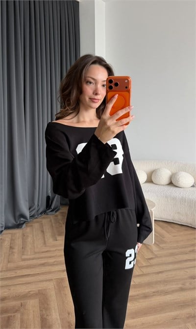Kayık Yaka Detay Sweat ve Pantolonlu İkili Takım Siyah 2469