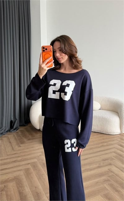 Kayık Yaka Detay Sweat ve Pantolonlu İkili Takım Lacivert 2469