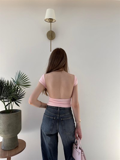 Kayık Yaka Sırt Dekolte Detay Bluz Pembe 2267