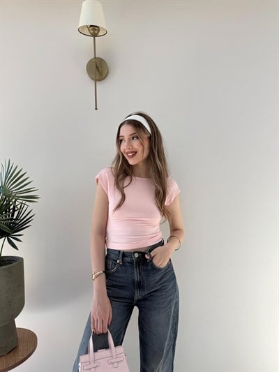Kayık Yaka Sırt Dekolte Detay Bluz Pembe 2267