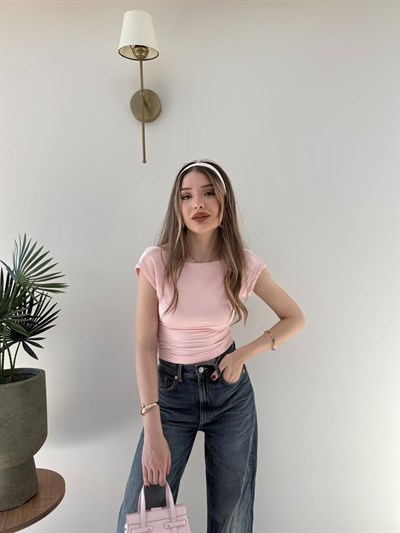 Kayık Yaka Sırt Dekolte Detay Bluz Pembe 2267