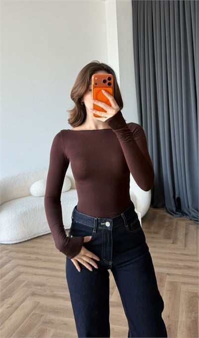 Kayık Yaka Transparan Modal Bluz Acı Kahve 2487