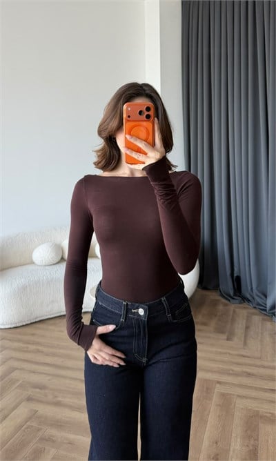 Kayık Yaka Transparan Modal Bluz Acı Kahve 2487