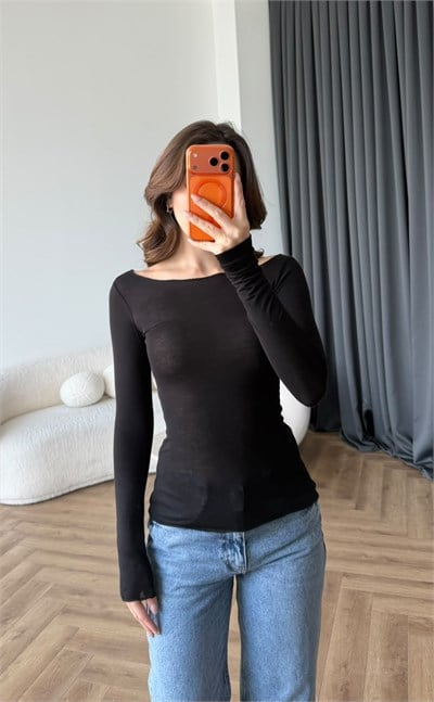 Kayık Yaka Transparan Modal Bluz Siyah 2487