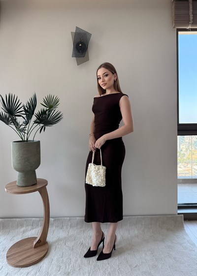 Kayık Yaka Uzun Modal Elbise Acı Kahve 2369