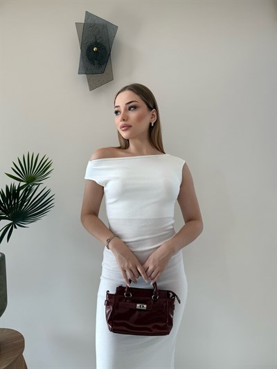 Kayık Yaka Uzun Modal Elbise Beyaz 2369