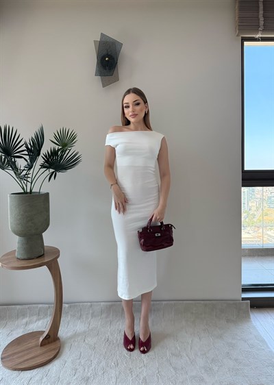 Kayık Yaka Uzun Modal Elbise Beyaz 2369