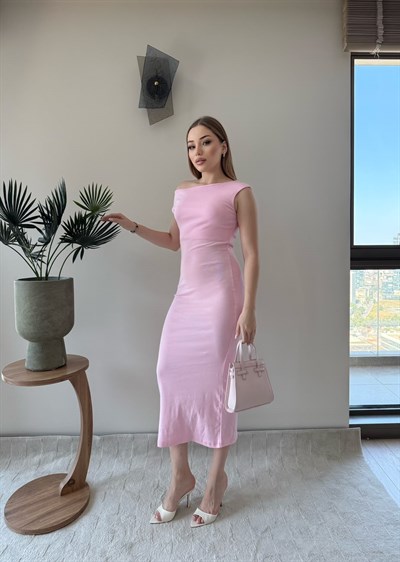 Kayık Yaka Uzun Modal Elbise Pembe 2369