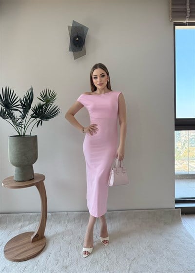 Kayık Yaka Uzun Modal Elbise Pembe 2369