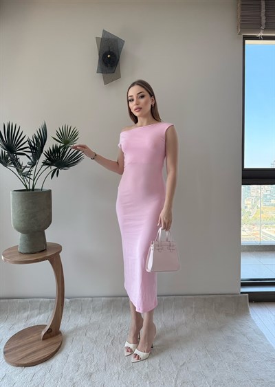 Kayık Yaka Uzun Modal Elbise Pembe 2369