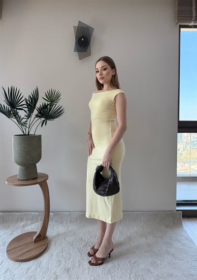 Kayık Yaka Uzun Modal Elbise Sarı 2369