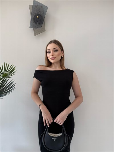Kayık Yaka Uzun Modal Elbise Siyah 2369