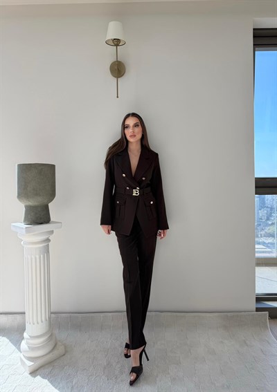 Kemer Ve Düğme Detay Blazer Ceket Ve Pantolonlu Double Kumaş İkili Takım Acı Kahve 2077
